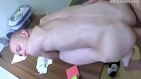 Bald-headed Hottie Getting Banged In On A Desk